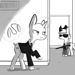 Size: 1080x1080 | Tagged: safe, artist:tjpones, species:pony, species:unicorn, agent 47, barcode, clothing, garrote, grayscale, gun, hitman, imminent murder, monochrome, necktie, ponified, rifle, sneaking, solo, suit, sunglasses, weapon