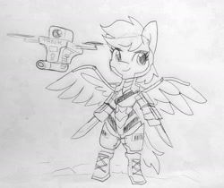 Size: 1679x1412 | Tagged: safe, artist:tjpones, character:rainbow dash, species:pegasus, species:pony, armor, black and white, drone, grayscale, gun, knife, monochrome, pencil drawing, semi-anthro, solo, spread wings, traditional art, weapon, wings