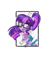 Size: 800x1000 | Tagged: safe, artist:katrina hadley, artist:lunchie, character:twilight sparkle, character:twilight sparkle (scitwi), species:eqg human, my little pony:equestria girls, big honkin' watermark in the middle of everything, book, female, obtrusive watermark, official fan art, paywall content, solo, watermark