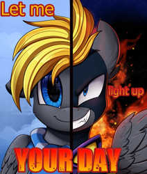 Size: 2550x3009 | Tagged: safe, artist:pridark, oc, oc only, oc:blaze (shadowbolt), species:pegasus, species:pony, bust, clothing, cloud, commission, duality, evil, evil grin, fire, good, grin, high res, male, portrait, poster, shadowbolts, sky, smiling, solo, text, two sided posters