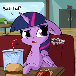 Size: 1080x1080 | Tagged: safe, artist:tjpones, character:twilight sparkle, character:twilight sparkle (alicorn), species:alicorn, species:pony, bossy boots, burger, drink, female, floppy ears, food, french fries, meat, omnivore twilight, ponies eating meat, raised eyebrow, soda, solo, spongebob squarepants, this will end in sickness, this will end in weight gain, twilight burgkle
