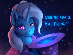 Size: 750x573 | Tagged: safe, artist:rodrigues404, edit, character:trixie, species:pony, species:unicorn, cape, clothing, dialogue, female, hat, looking at you, mare, solo, space background, still frame, text, trixie's cape, trixie's hat