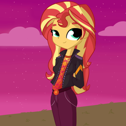 Size: 1080x1080 | Tagged: safe, artist:tjpones, character:sunset shimmer, equestria girls:sunset's backstage pass, g4, my little pony:equestria girls, arm behind back, clothing, female, geode of empathy, magical geodes, music festival outfit, solo