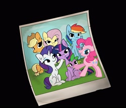 Size: 2995x2568 | Tagged: safe, alternate version, artist:tjpones, character:applejack, character:fluttershy, character:pinkie pie, character:rainbow dash, character:rarity, character:spike, character:twilight sparkle, species:dragon, species:earth pony, species:pegasus, species:pony, species:unicorn, applejack's hat, chest fluff, clothing, cowboy hat, fangs, female, freckles, hat, male, mane seven, mane six, mare, polaroid, smiling, stock vector