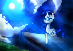 Size: 2912x2059 | Tagged: safe, artist:littlefish101, character:rarity, species:pony, species:unicorn, alternate cutie mark, cliff, cloud, crepuscular rays, female, lidded eyes, mare, moon, night, prone, redesign, scenery, solo, starry night, stray strand