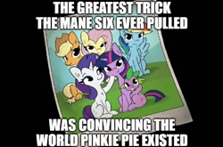 Size: 1090x720 | Tagged: safe, artist:tjpones, edit, character:applejack, character:fluttershy, character:rainbow dash, character:rarity, character:spike, character:twilight sparkle, character:twilight sparkle (alicorn), species:alicorn, species:dragon, species:earth pony, species:pegasus, species:pony, species:unicorn, clothing, cowboy hat, female, hat, implied pinkie pie, male, mare, meme, needs more jpeg, polaroid