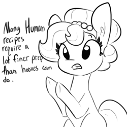 Size: 1080x1080 | Tagged: safe, artist:tjpones, part of a set, oc, oc only, oc:brownie bun, species:earth pony, species:pony, comic, dialogue, female, mare, monochrome, open mouth, pearl, simple background, solo, underhoof, white background