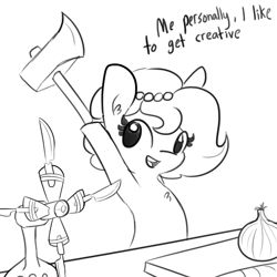 Size: 1080x1080 | Tagged: safe, artist:tjpones, part of a set, oc, oc only, oc:brownie bun, species:earth pony, species:pony, axe, black and white, chest fluff, comic, dialogue, fan, female, food, grayscale, knife, knife fan, lineart, looking at you, mare, monochrome, onion, open mouth, pearl, simple background, solo, this will end in death, this will end in fire, this will end in tears, this will end in tears and/or breakfast, this will end in tears and/or death, this will not end well, weapon, white background, xk-class end-of-the-kitchen scenario
