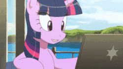 Size: 840x470 | Tagged: safe, artist:deannart, character:twilight sparkle, character:twilight sparkle (alicorn), species:alicorn, species:pony, 60 fps, animated, chair, computer, cute, eyes closed, female, frame by frame, frown, laptop computer, leaning, mare, meme, no sound, parody, ponified meme, reaction image, sitting, smiling, solo, twiabetes, webm