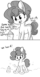 Size: 1080x2083 | Tagged: safe, artist:tjpones, oc, oc only, oc:brownie bun, species:earth pony, species:pony, chest fluff, comic, dialogue, female, grayscale, mare, monochrome, onomatopoeia, open mouth, simple background, solo, white background