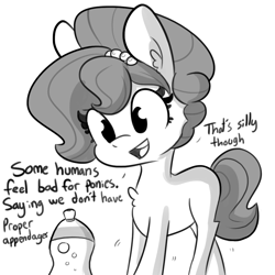 Size: 1080x1080 | Tagged: safe, artist:tjpones, part of a set, oc, oc only, oc:brownie bun, species:earth pony, species:pony, chest fluff, dialogue, female, grayscale, mare, monochrome, open mouth, simple background, solo, white background