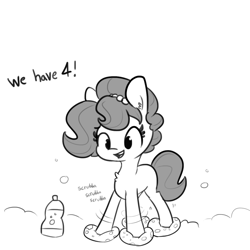 Size: 1080x1080 | Tagged: safe, artist:tjpones, part of a set, oc, oc only, oc:brownie bun, species:earth pony, species:pony, chest fluff, dialogue, female, grayscale, mare, monochrome, onomatopoeia, open mouth, simple background, solo, white background