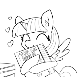 Size: 1080x1080 | Tagged: safe, artist:tjpones, character:twilight sparkle, character:twilight sparkle (alicorn), species:alicorn, species:pony, black and white, book, bookhorse, eyes closed, female, grayscale, heart, mare, monochrome, simple background, solo, that pony sure does love books, white background