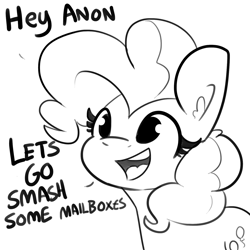 Size: 1500x1500 | Tagged: safe, artist:tjpones, character:pinkie pie, species:earth pony, species:pony, black and white, dialogue, female, grayscale, implied anon, mare, monochrome, simple background, solo, this will end in jail time, this will end in property damage, white background