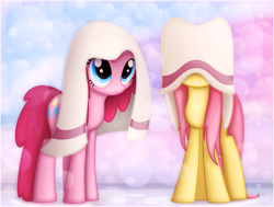 Size: 1095x830 | Tagged: safe, artist:ctb-36, character:fluttershy, character:pinkie pie, species:earth pony, species:pegasus, species:pony, abstract background, bubble, covered eyes, ctb-36 is trying to murder us, cute, dawwww, diapinkes, featured on derpibooru, female, grin, hidden eyes, hnnng, mare, shyabetes, smiling, smiling at you, squee, sweet dreams fuel, towel, towel on head, weapons-grade cute, wet, wet mane