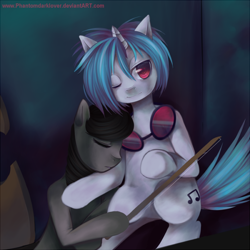 Size: 700x700 | Tagged: safe, artist:pekou, character:dj pon-3, character:octavia melody, character:vinyl scratch, species:earth pony, species:pony, species:unicorn, glasses, hug, musical instrument, sleeping, violin