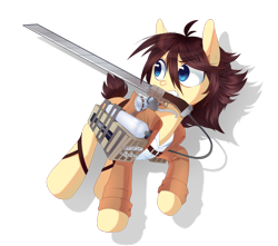 Size: 900x795 | Tagged: safe, artist:pekou, species:pony, 3d maneuver gear, attack on titan, clothing, ponified, simple background, solo, sword, transparent background, weapon