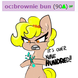 Size: 1080x1080 | Tagged: safe, artist:tjpones, edit, oc, oc:brownie bun, species:pony, /mlp/, derpibooru, anime, chest fluff, colored, crossover, dragon ball, dragon ball z, ear fluff, english, eyelashes, female, mare, meme, meta, over 9000, simple background, solo, super saiyan, tags, text, white background, wingding eyes