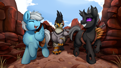 Size: 3280x1844 | Tagged: safe, artist:pridark, oc, oc only, oc:hyacintho caelum, oc:kill bosby, oc:valor valkyrie, species:changeling, species:griffon, species:pegasus, species:pony, canyon, changeling oc, commission, eyes closed, griffon oc, happy, high res, open mouth, raised hoof, trio, walking