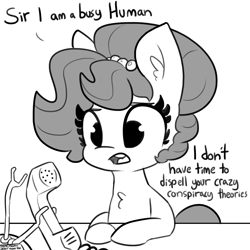 Size: 2250x2250 | Tagged: safe, artist:tjpones, part of a set, oc, oc only, oc:brownie bun, species:earth pony, species:pony, chest fluff, dialogue, female, grayscale, mare, monochrome, open mouth, simple background, solo, telephone, white background