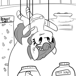 Size: 2250x2250 | Tagged: safe, artist:tjpones, oc, oc only, oc:brownie bun, species:earth pony, species:pony, chest fluff, female, food, grayscale, mare, mission impossible, monochrome, peanut butter, simple background, solo, that pony sure does love peanut butter, tongue out, white background