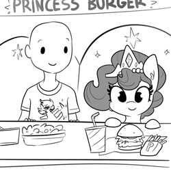 Size: 2250x2250 | Tagged: safe, artist:tjpones, part of a set, oc, oc:brownie bun, oc:richard, species:earth pony, species:human, species:pony, horse wife, episode:hearts and hooves day, g4, my little pony: friendship is magic, bald, burger, chest fluff, female, food, french fries, grayscale, hay burger, holiday, jewelry, male, mare, monochrome, necklace, pearl necklace, salad, simple background, softdrink, tiara, valentine's day, white background