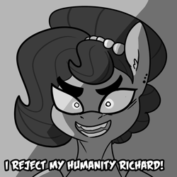 Size: 2250x2250 | Tagged: safe, artist:tjpones, part of a set, oc, oc only, oc:brownie bun, species:earth pony, species:pony, horse wife, bust, dialogue, dio brando, female, grayscale, jewelry, jojo reference, jojo's bizarre adventure, looking at you, mare, monochrome, necklace, pearl necklace, simple background, solo