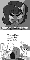 Size: 2250x4500 | Tagged: safe, artist:tjpones, oc, oc only, oc:brownie bun, oc:richard, species:earth pony, species:human, species:pony, horse wife, bald, bust, chest fluff, comic, dialogue, dio brando, female, grayscale, high res, jewelry, jojo's bizarre adventure, looking at you, male, mare, monochrome, necklace, newspaper, pearl necklace, simple background, straight, this will end in mild embarrassment, white background