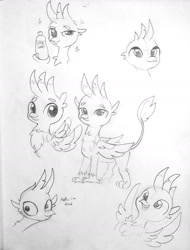 Size: 1330x1754 | Tagged: safe, artist:tjpones, character:gallus, species:griffon, birb, chest fluff, cute, gallabetes, male, monochrome, pencil drawing, sketch, soap, solo, sparkles, traditional art