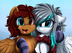 Size: 2379x1783 | Tagged: safe, artist:pridark, oc, oc only, species:pegasus, species:pony, bust, chest fluff, clothing, commission, duo, happy, heterochromia, open mouth, portrait, smiling, socks, striped socks