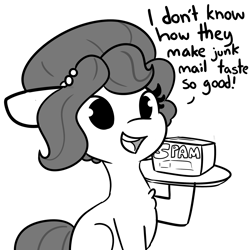 Size: 2250x2250 | Tagged: safe, artist:tjpones, oc, oc only, oc:brownie bun, species:earth pony, species:pony, chest fluff, dialogue, female, floppy ears, food, grayscale, jewelry, mare, meat, monochrome, necklace, oblivious, open mouth, pearl necklace, plate, ponies eating meat, simple background, solo, spam, white background