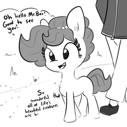 Size: 2250x2250 | Tagged: safe, artist:tjpones, part of a set, oc, oc only, oc:brownie bun, oc:richard, species:earth pony, species:human, species:pony, bee, chest fluff, female, grayscale, insect, male, mare, monochrome, simple background, white background