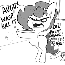 Size: 2250x2250 | Tagged: safe, artist:tjpones, part of a set, oc, oc only, oc:brownie bun, oc:richard, species:earth pony, species:human, species:pony, bee, female, grayscale, insect, male, mare, monochrome, simple background, white background