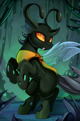 Size: 1878x2850 | Tagged: safe, artist:pridark, oc, oc only, species:changeling, changeling oc, commission, cute, hive, looking back, rearing, scenery, smiling, solo, yellow changeling