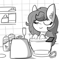 Size: 2250x2250 | Tagged: safe, artist:tjpones, oc, oc only, oc:brownie bun, species:earth pony, species:pony, bathing, brownie bun without her pearls, bucket, cellphone, champagne glass, eyes closed, female, food, grapes, grayscale, loose hair, mare, monochrome, phone, shampoo, smartphone, solo