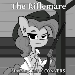 Size: 2250x2250 | Tagged: safe, artist:tjpones, character:pinkie pie, species:earth pony, species:pony, clothing, cowboy hat, dexterous hooves, female, grayscale, gun, hat, hoof hold, lever action rifle, mare, monochrome, rifle, shirt, solo, the rifleman, weapon