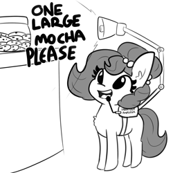 Size: 2250x2250 | Tagged: safe, artist:tjpones, oc, oc only, oc:brownie bun, species:earth pony, species:pony, chest fluff, cookie, cookie jar, cute, dialogue, female, food, grayscale, horse tech, jewelry, mare, megaphone, monochrome, necklace, ocbetes, pearl necklace, simple background, smol, solo, white background