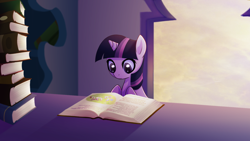 Size: 1920x1080 | Tagged: safe, artist:rizcifra, character:twilight sparkle, species:pony, species:unicorn, book, female, filly, reading, solo, wallpaper