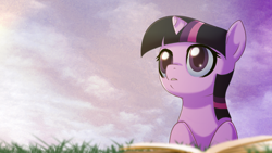 Size: 1920x1080 | Tagged: safe, artist:rizcifra, character:twilight sparkle, species:pony, species:unicorn, book, female, filly, grass, looking up, prone, solo, wallpaper