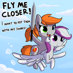 Size: 6600x6600 | Tagged: safe, artist:tjpones, oc, oc:golden lotus, oc:silver storm, species:earth pony, species:pegasus, species:pony, cute, dialogue, drive me closer, female, flying, heterochromia, meme, ponies riding ponies, riding, sword, warhammer (game)