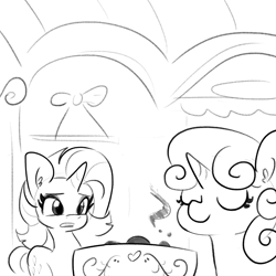 Size: 3707x3707 | Tagged: safe, artist:tjpones, character:rarity, character:sweetie belle, species:pony, species:unicorn, episode:sisterhooves social, g4, my little pony: friendship is magic, belle sisters, bread, cooking, duo, female, food, grayscale, mare, monochrome, scene interpretation, siblings, simple background, sisters, sweetie belle can't cook, sweetie fail, toast, white background