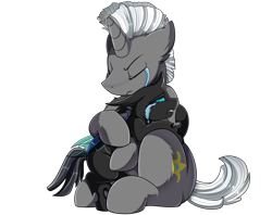 Size: 3030x2400 | Tagged: safe, artist:pridark, oc, oc only, oc:chitter, oc:shield polish, species:changeling, species:pony, species:unicorn, fanfic:from under the love seat, changeling oc, comforting, commission, crying, cutie mark, eyes closed, fanfic art, grieving, high res, simple background, sitting, transparent background