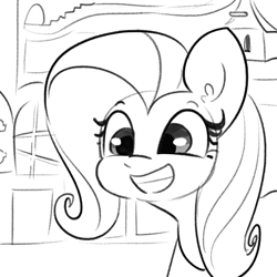 Size: 2250x2250 | Tagged: safe, artist:tjpones, character:fluttershy, species:pegasus, species:pony, episode:stare master, g4, my little pony: friendship is magic, bird house, black and white, cute, female, fluttershy's cottage, grayscale, grin, lineart, mare, monochrome, scene interpretation, shyabetes, smiling, solo, squee