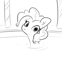 Size: 2250x2250 | Tagged: safe, artist:tjpones, character:pinkie pie, species:earth pony, species:pony, episode:bridle gossip, g4, my little pony: friendship is magic, bath, female, fourth wall, looking at you, mare, monochrome, simple background, solo, staring into your soul, white background