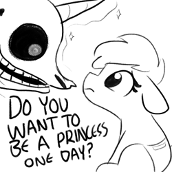 Size: 2250x2250 | Tagged: safe, artist:tjpones, part of a set, character:twilight sparkle, character:twilight sparkle (alicorn), species:alicorn, species:earth pony, species:pony, bone, dialogue, eye contact, female, floppy ears, grayscale, looking at each other, magic, mare, monochrome, simple background, skeleton, skeleton pony, this will end in therapy, white background