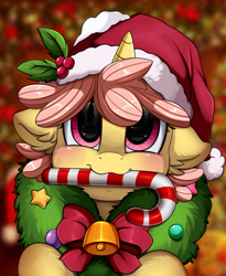 Size: 1446x1764 | Tagged: safe, artist:pridark, oc, unnamed oc, species:earth pony, species:pony, species:unicorn, bell, blushing, candy, candy cane, christmas, clothing, commission, cute, food, hat, holiday, mouth hold, ocbetes, patreon, pridark's christmas ponies, raffle winner, santa hat, solo, wreath, ych result