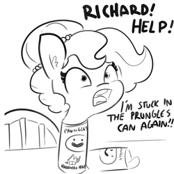 Size: 2250x2250 | Tagged: safe, artist:tjpones, oc, oc only, oc:brownie bun, species:earth pony, species:pony, horse wife, adorable distress, black and white, cartoon physics, chips, cute, dialogue, female, food, grayscale, how, if i fits i sits, jewelry, lawyer-friendly names, mare, monochrome, necklace, open mouth, pearl necklace, potato chips, pringles, silly, silly pony, solo, stuck