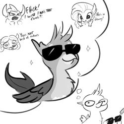 Size: 2250x2250 | Tagged: safe, artist:tjpones, character:gallus, character:silverstream, character:smolder, character:yona, species:dragon, species:griffon, species:hippogriff, species:yak, ship:gallstream, birb, black and white, censored vulgarity, cool, daydream, expensive, female, grawlixes, grayscale, male, monochrome, shipping, straight, sunglasses, swag, this will end in tears, vulgar
