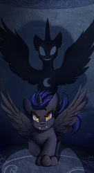 Size: 1550x2850 | Tagged: safe, alternate version, artist:pridark, oc, oc only, species:alicorn, species:bat pony, species:pony, species:wolf, bat pony alicorn, bat wings, commission, fangs, high res, horn, shadow, solo, spread wings, werewolf, wings, wolf pony
