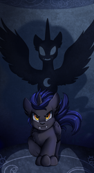 Size: 1550x2850 | Tagged: safe, artist:pridark, oc, oc only, species:alicorn, species:bat pony, species:pony, species:wolf, bat pony alicorn, bat wings, commission, fangs, high res, horn, shadow, solo, werewolf, wings, wolf pony